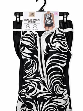 Women's Black & White Swirl Tankini Top with Front Zip